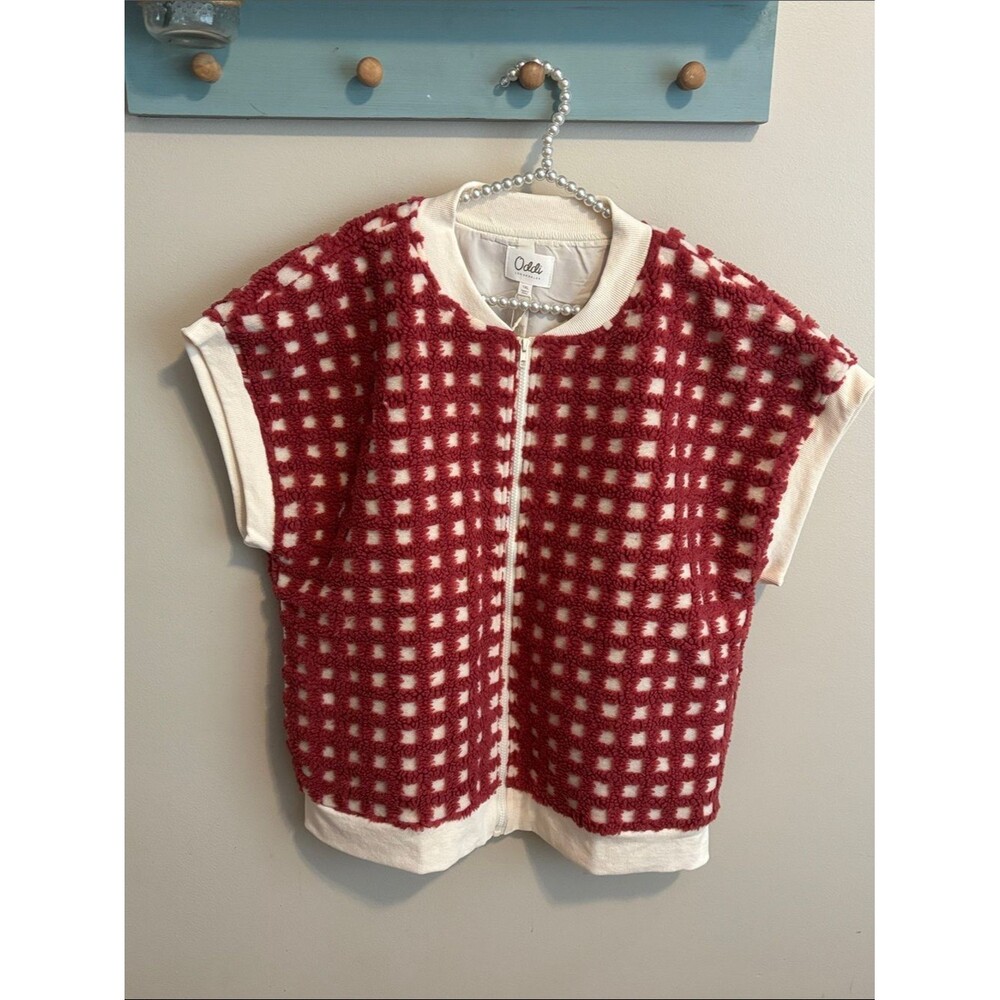 NEW Oddi Reddish Pink & Cream Checkered Zip Front Sweater Vest size 1xl
